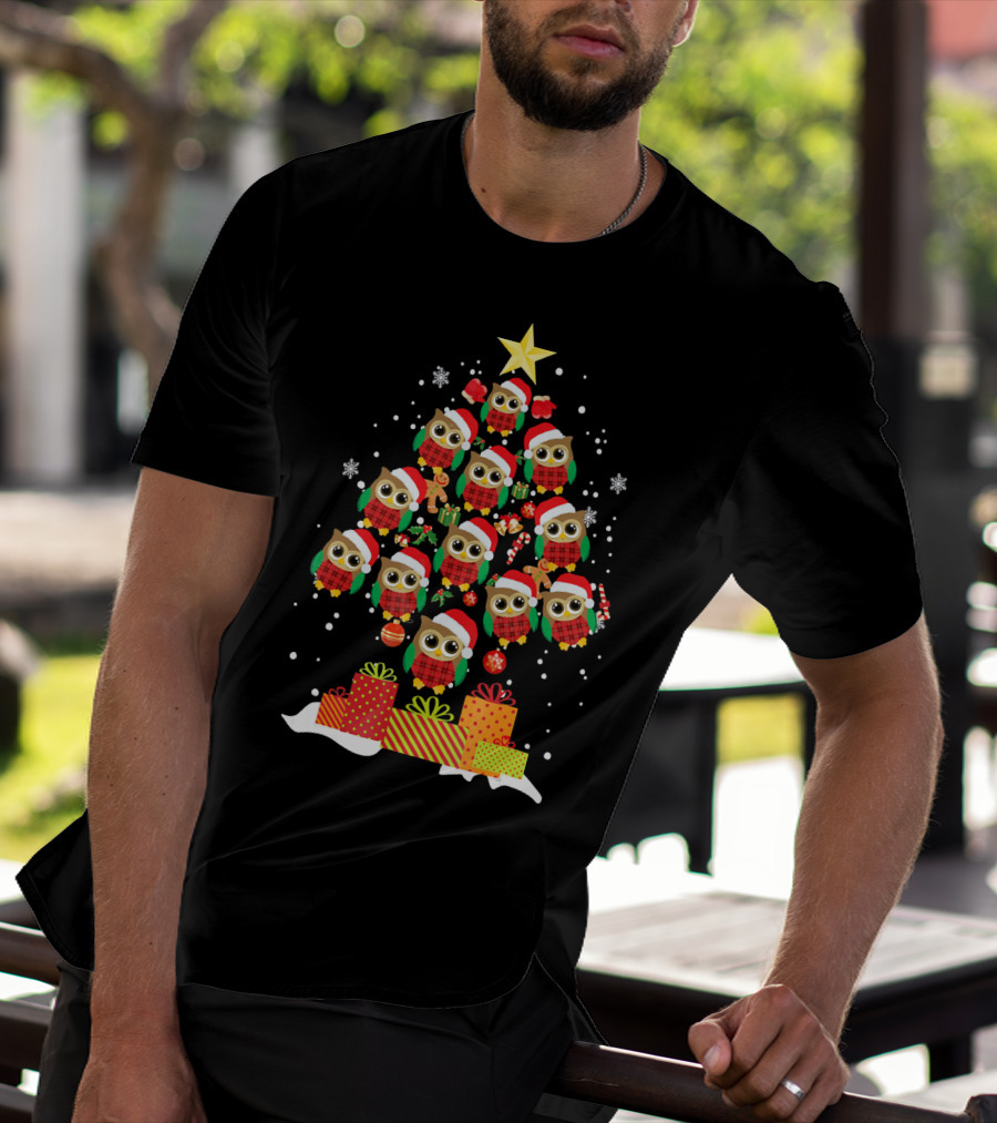 Owl Christmas Tree With Santa Hats And Presents For Owl Lovers T-Shirt