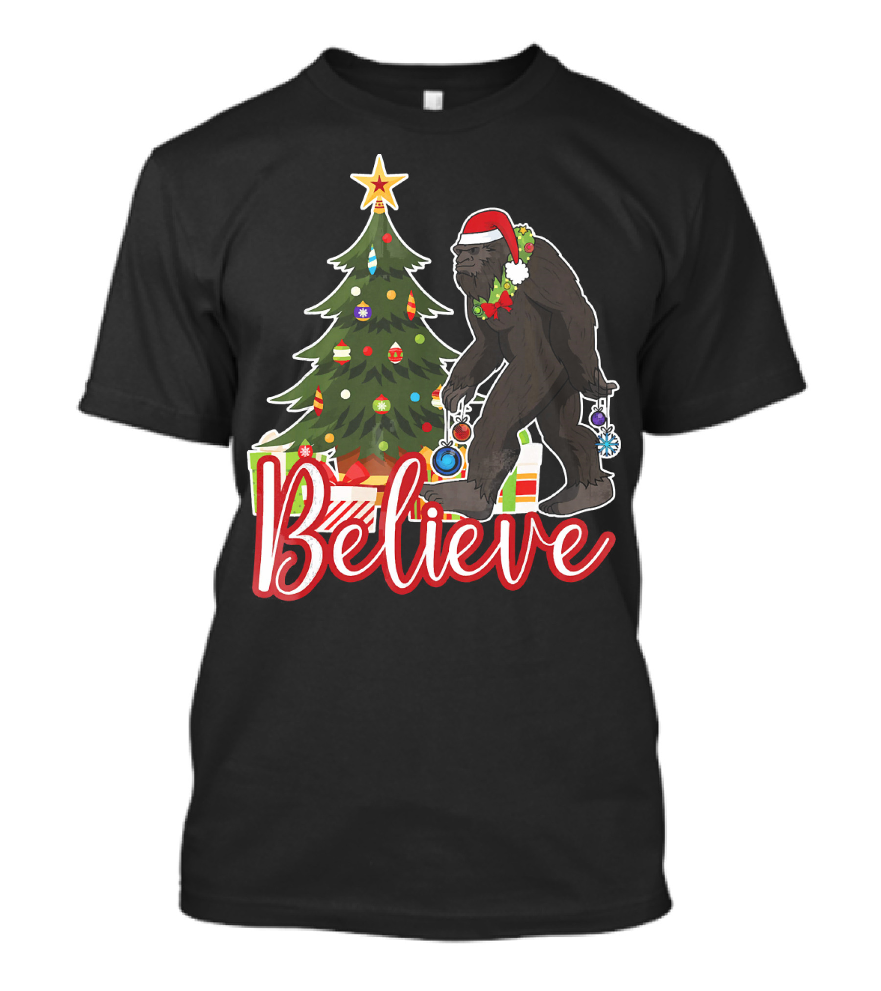 Believe Bigfoot Christmas Funny Holiday Scene T-Shirt