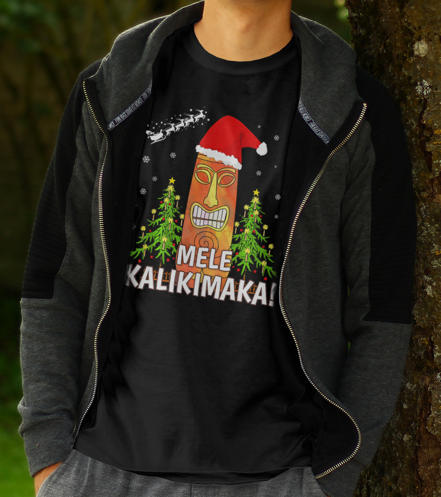 Mele Kalikimaka Santa Hat Tiki Christmas Trees Snowflakes Santa Sleigh T-Shirt