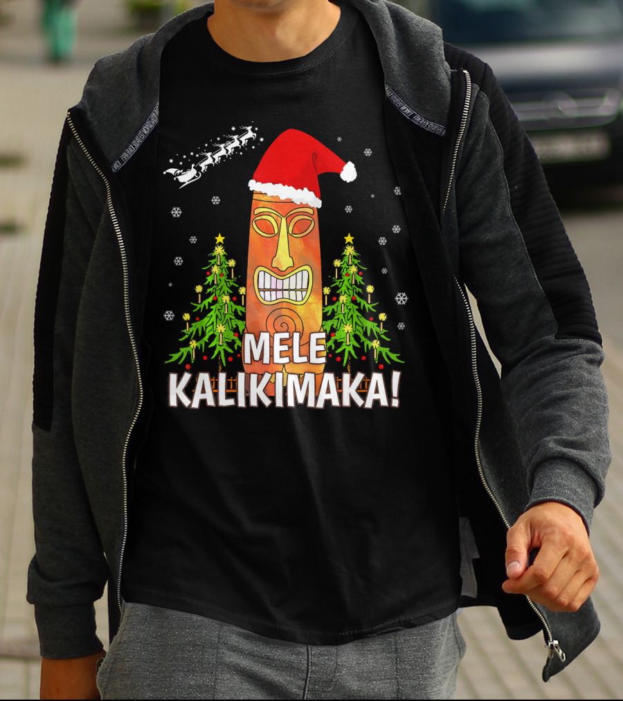 Mele Kalikimaka Santa Hat Tiki Christmas Trees Snowflakes Santa Sleigh T-Shirt