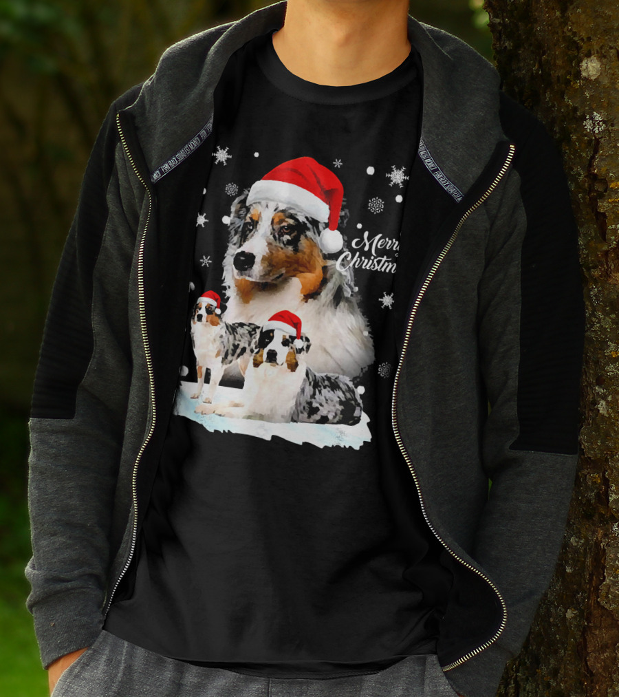 Australian Shepherds Merry Christmas Santa Hats Snowflakes T-Shirt