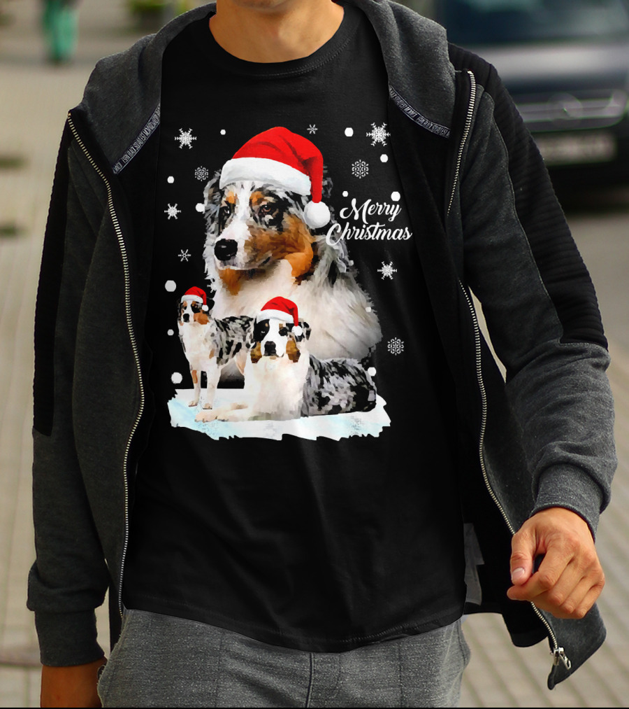 Australian Shepherds Merry Christmas Santa Hats Snowflakes T-Shirt