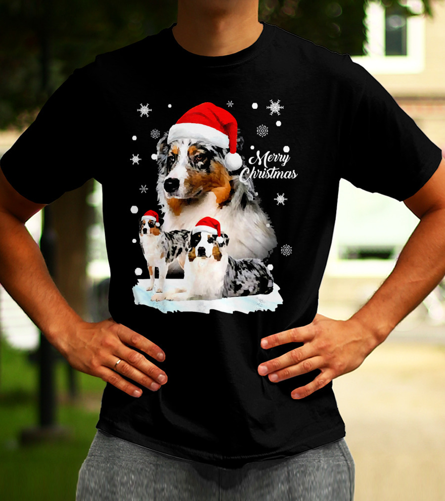 Australian Shepherds Merry Christmas Santa Hats Snowflakes T-Shirt