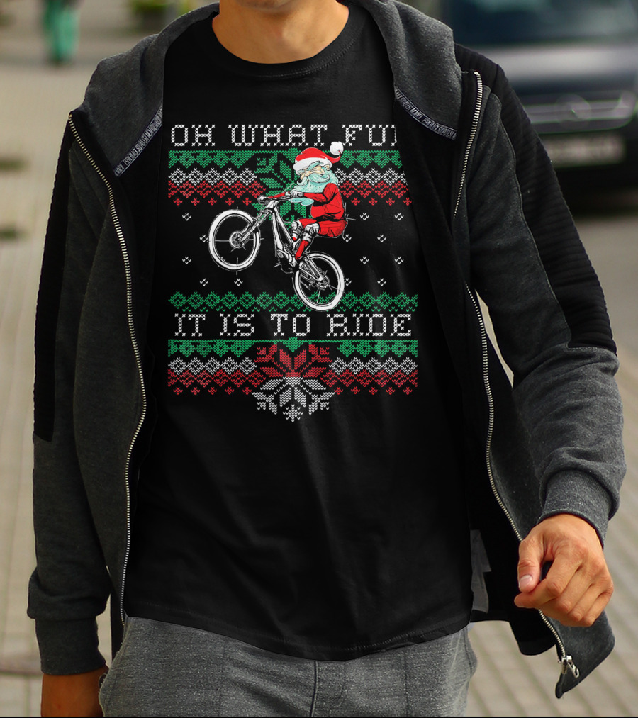 Oh What Fun It Is To Ride Christmas Mountain Bike MTB Biking Santa T-Shirt