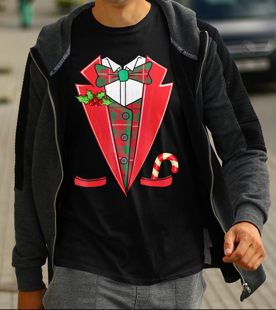 Tux Christmas Fancy Xmas Costume Red Suit Bow Candy Cane T-Shirt