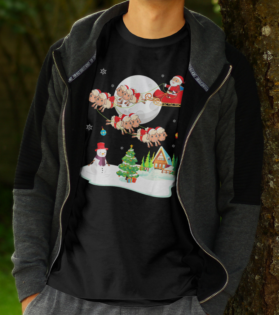 Santa Noel With Dancing Snowman And Sheep Sleigh By Moon T-Shirt