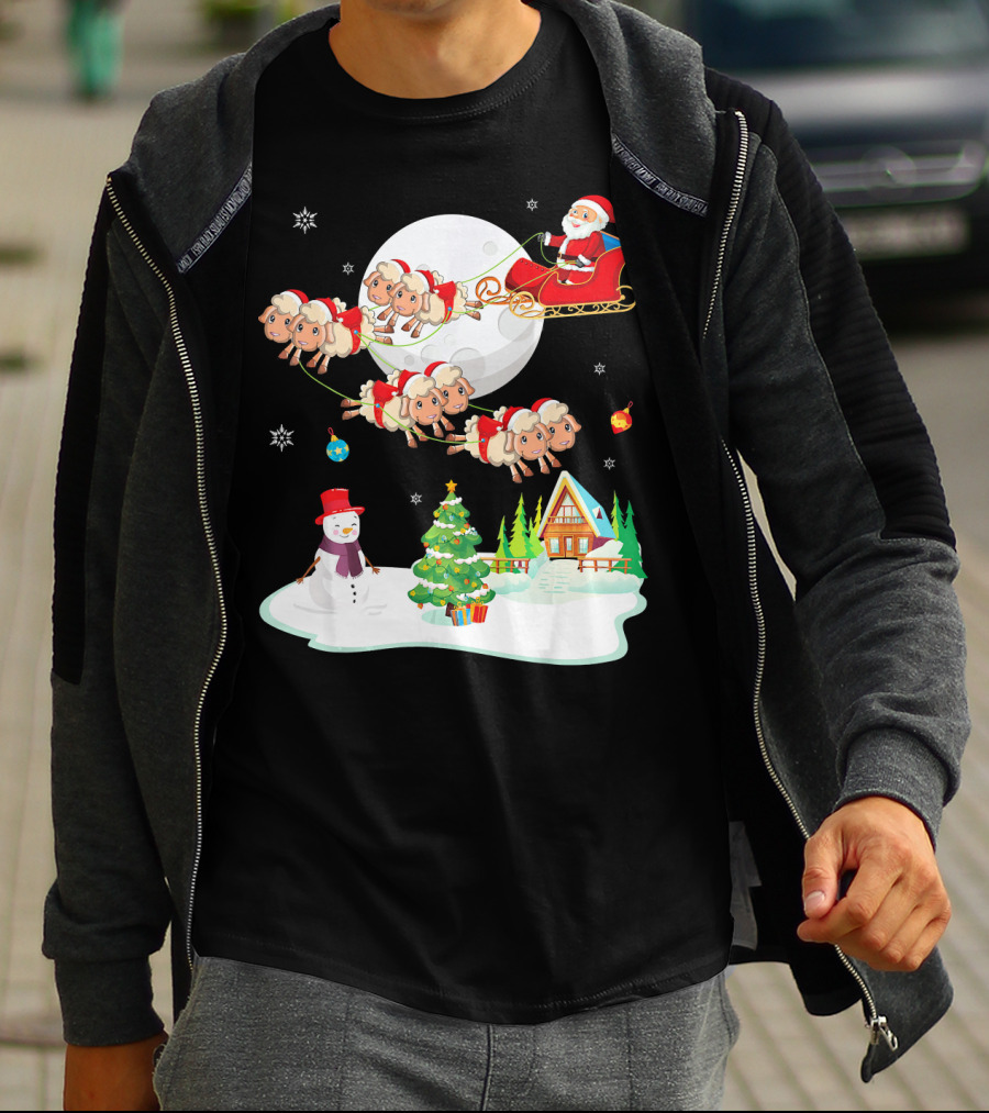 Santa Noel With Dancing Snowman And Sheep Sleigh By Moon T-Shirt