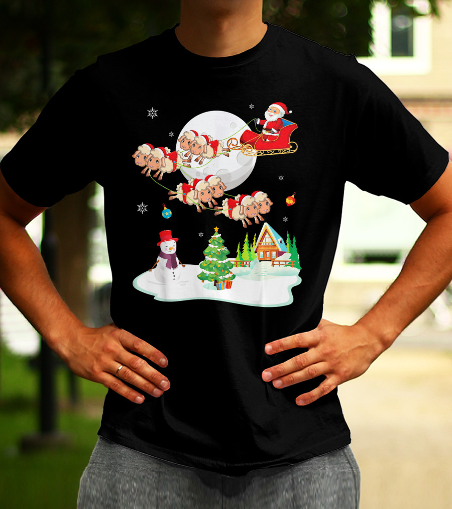 Santa Noel With Dancing Snowman And Sheep Sleigh By Moon T-Shirt