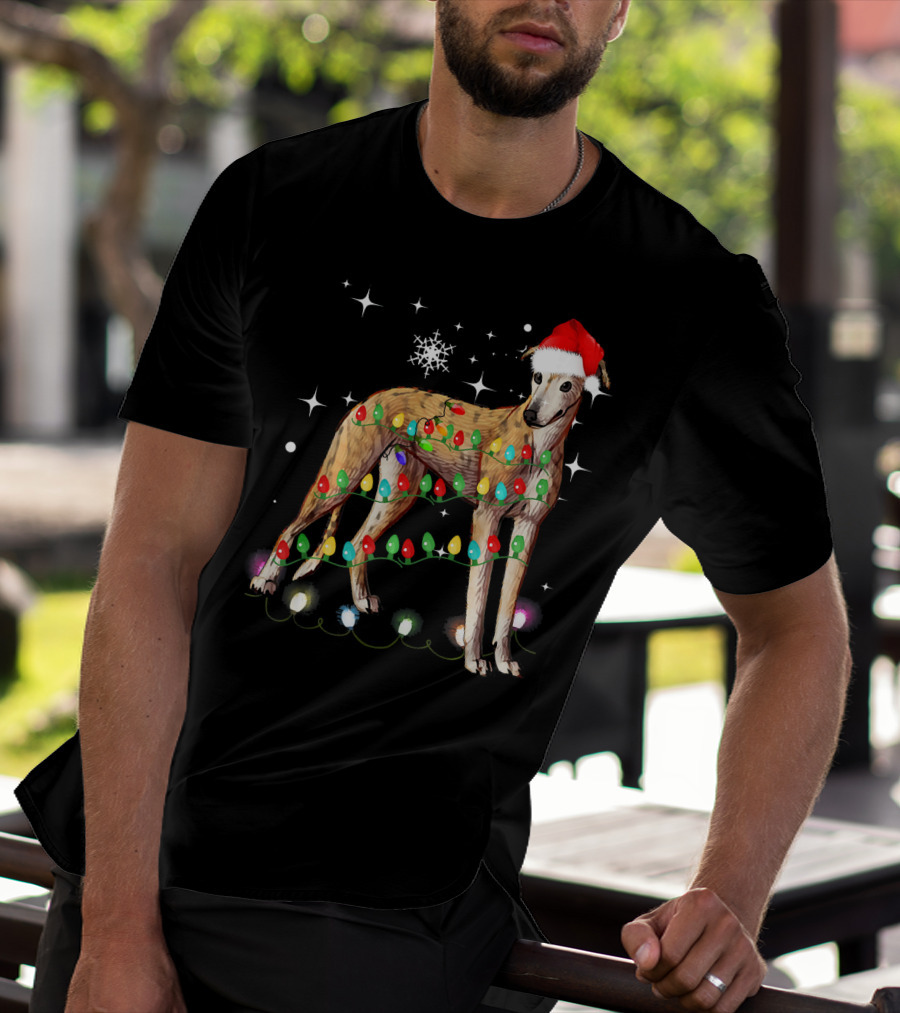 Greyhound Dog With Christmas Lights And Santa Hat T-Shirt