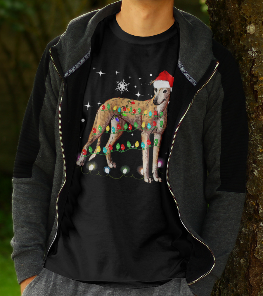 Greyhound Dog With Christmas Lights And Santa Hat T-Shirt