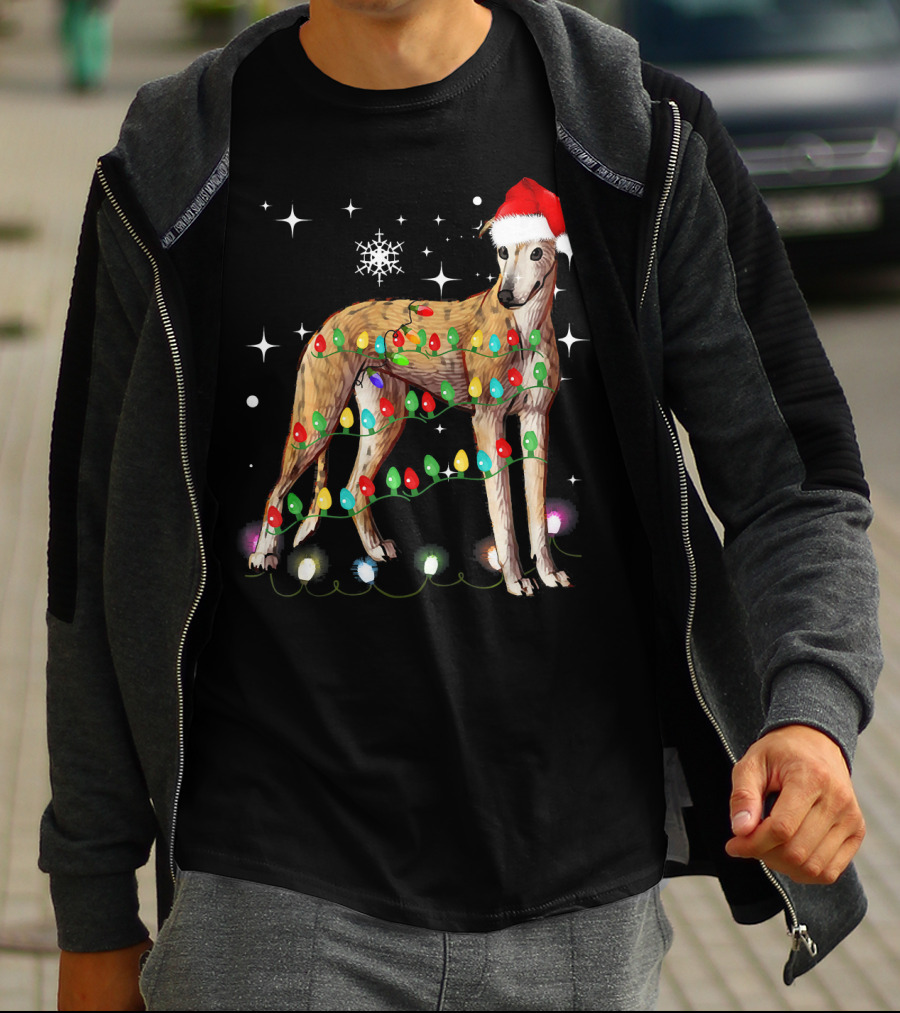 Greyhound Dog With Christmas Lights And Santa Hat T-Shirt