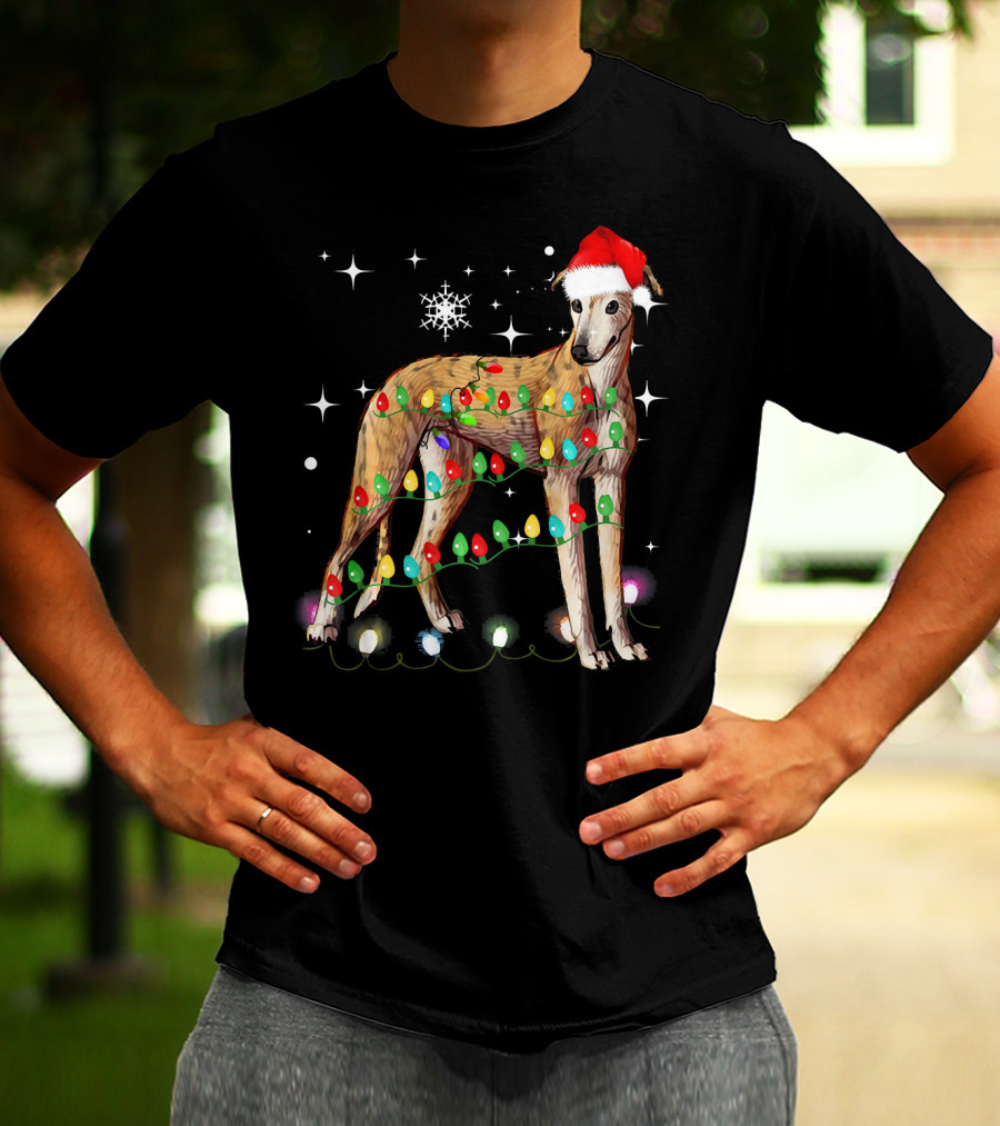 Greyhound Dog With Christmas Lights And Santa Hat T-Shirt