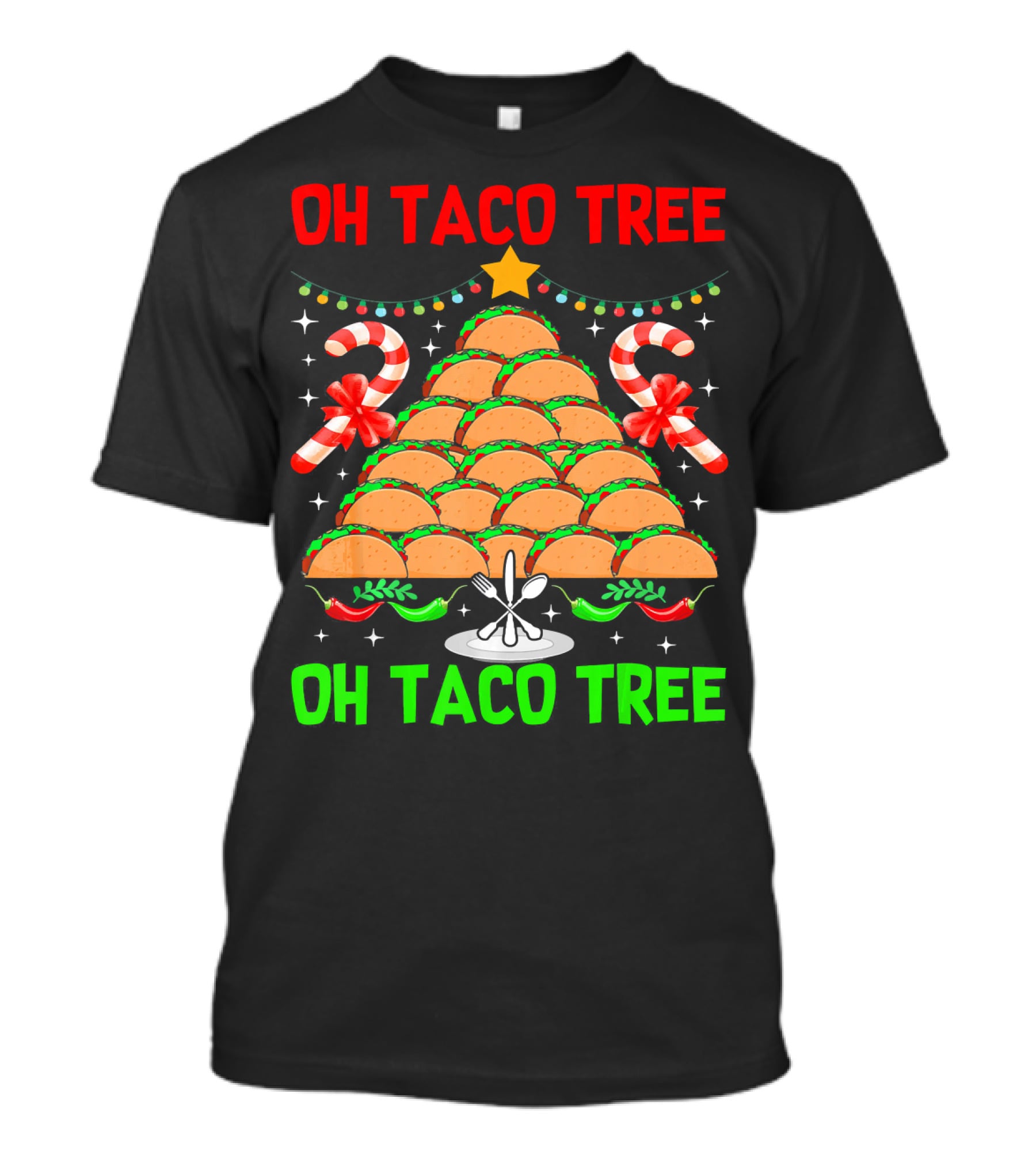 Oh Taco Tree Christmas Candy Cane Funny Party T-Shirt