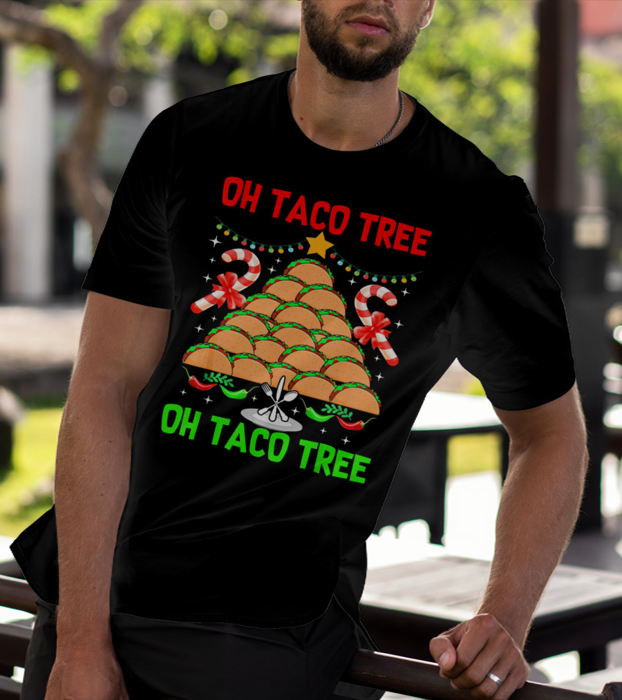 Oh Taco Tree Christmas Candy Cane Funny Party T-Shirt