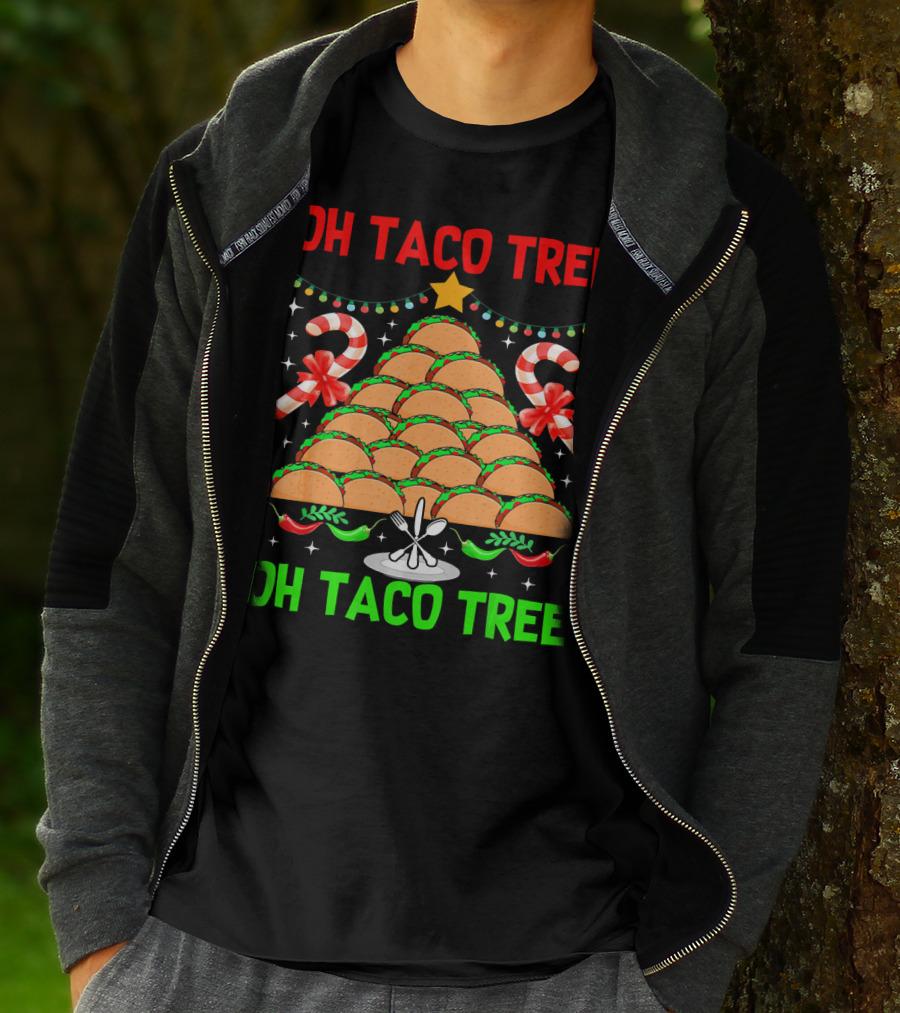 Oh Taco Tree Christmas Candy Cane Funny Party T-Shirt