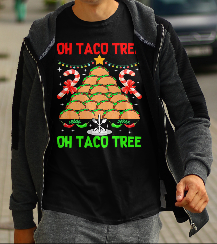 Oh Taco Tree Christmas Candy Cane Funny Party T-Shirt