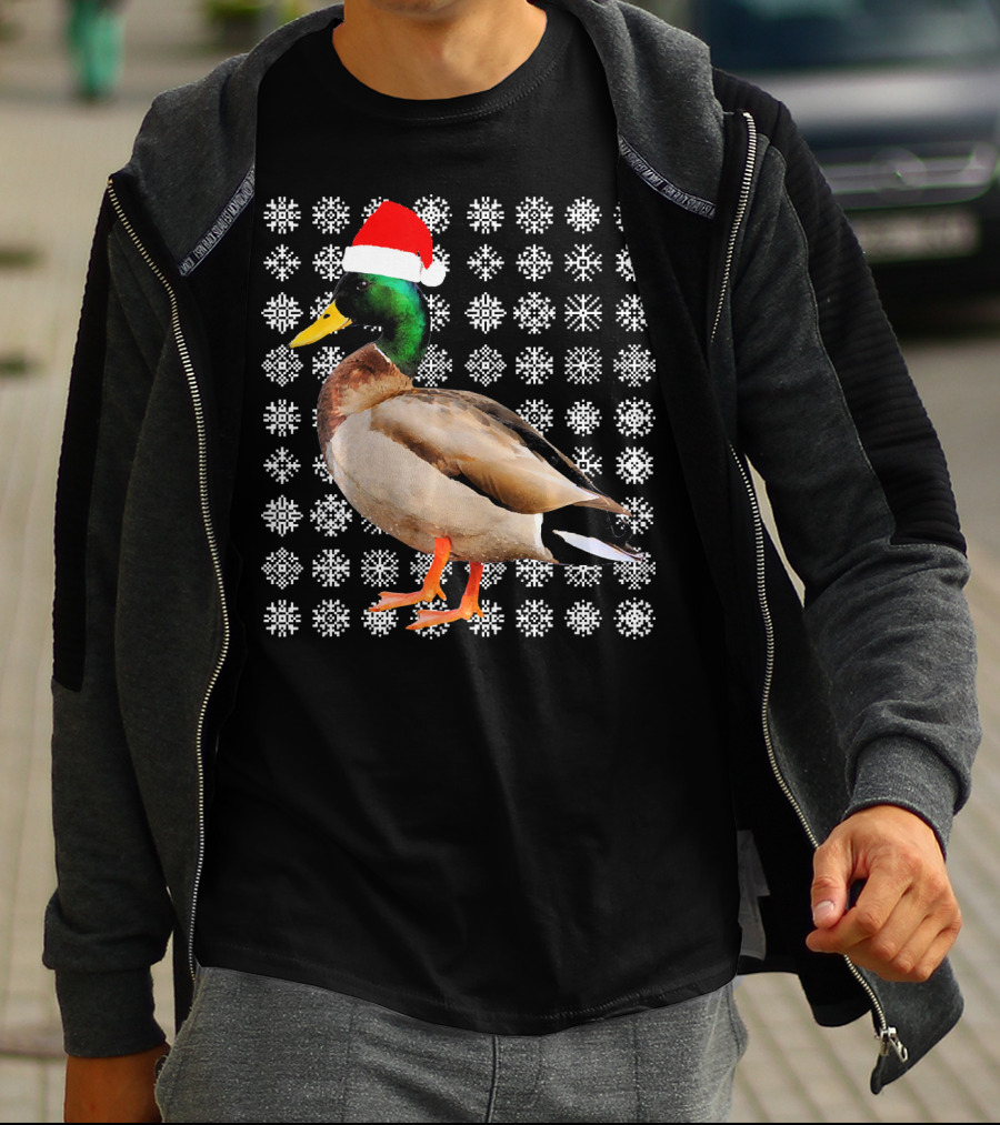 Mallard Duck In Santa Hat With Snowflake Pattern Background T-Shirt