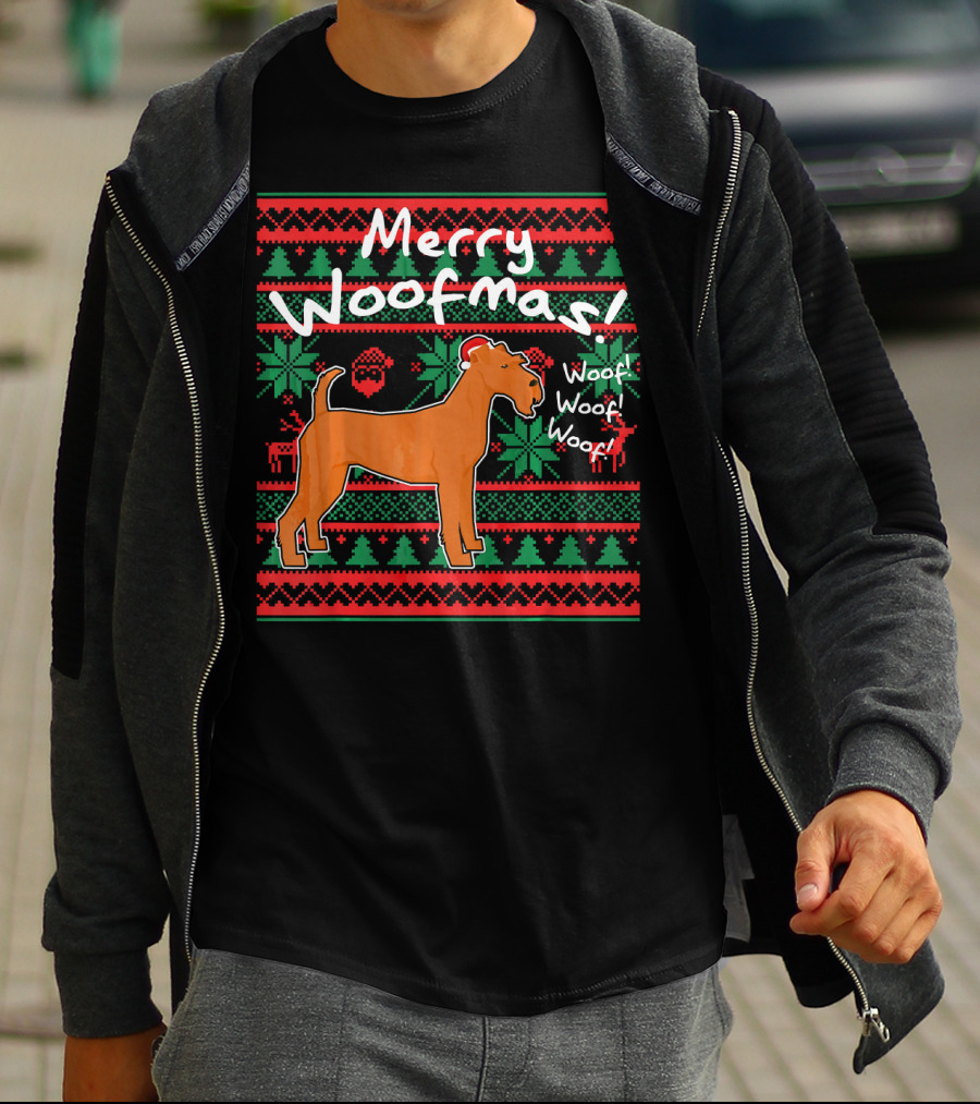 Merry Woofmas Irish Terrier Dog Woof Woof Santas Hat Fair Isle Pattern Sweater Holiday T-Shirt