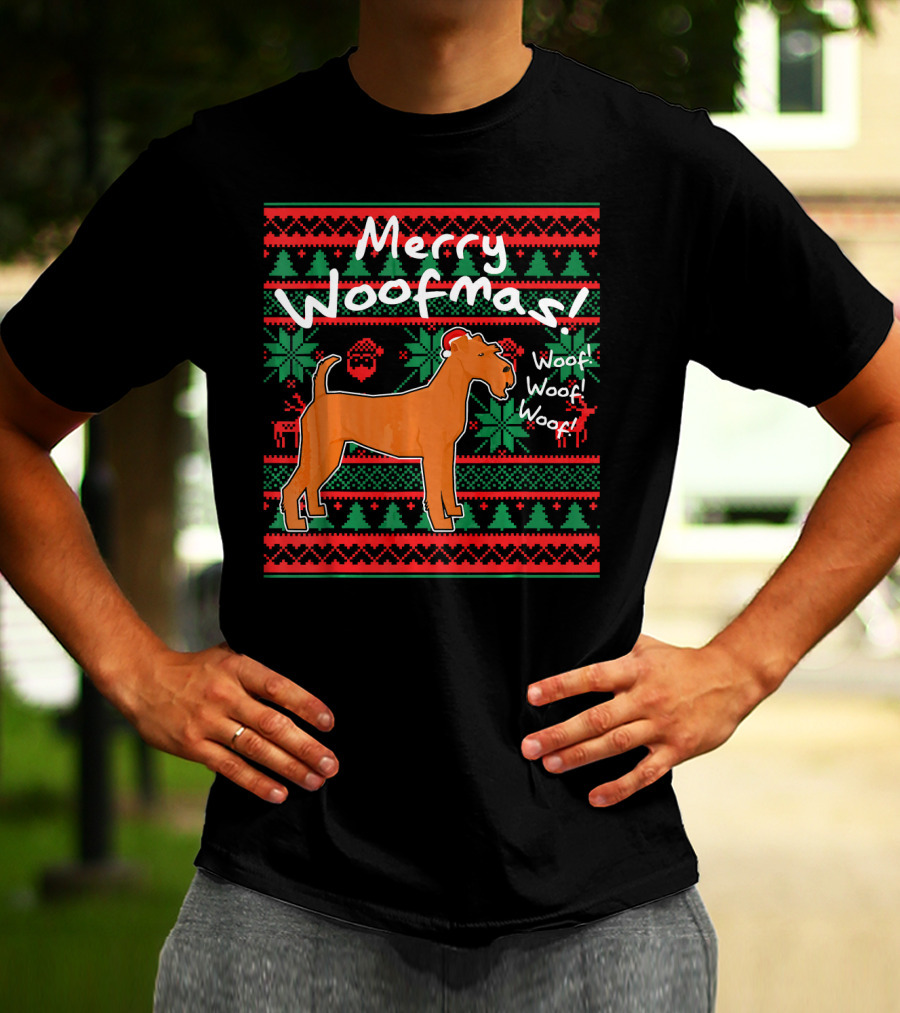 Merry Woofmas Irish Terrier Dog Woof Woof Santas Hat Fair Isle Pattern Sweater Holiday T-Shirt