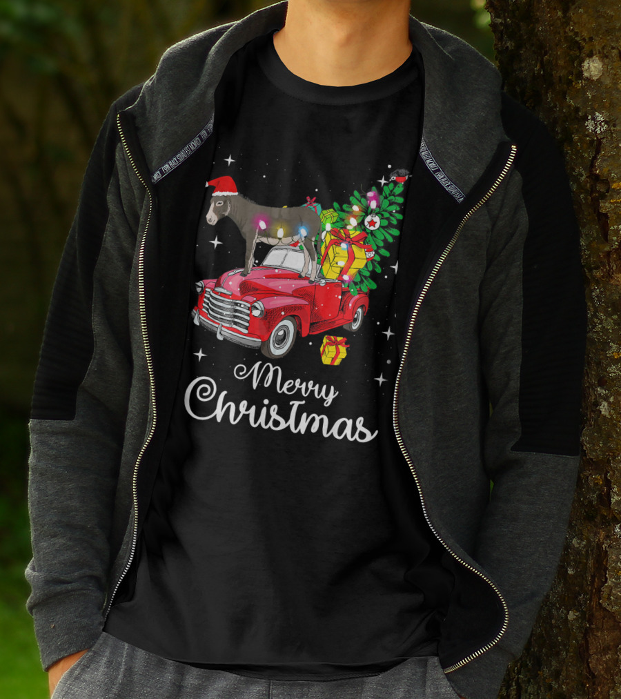 Merry Christmas Donkey Rides Red Truck With Santa Hat And Presents T-Shirt