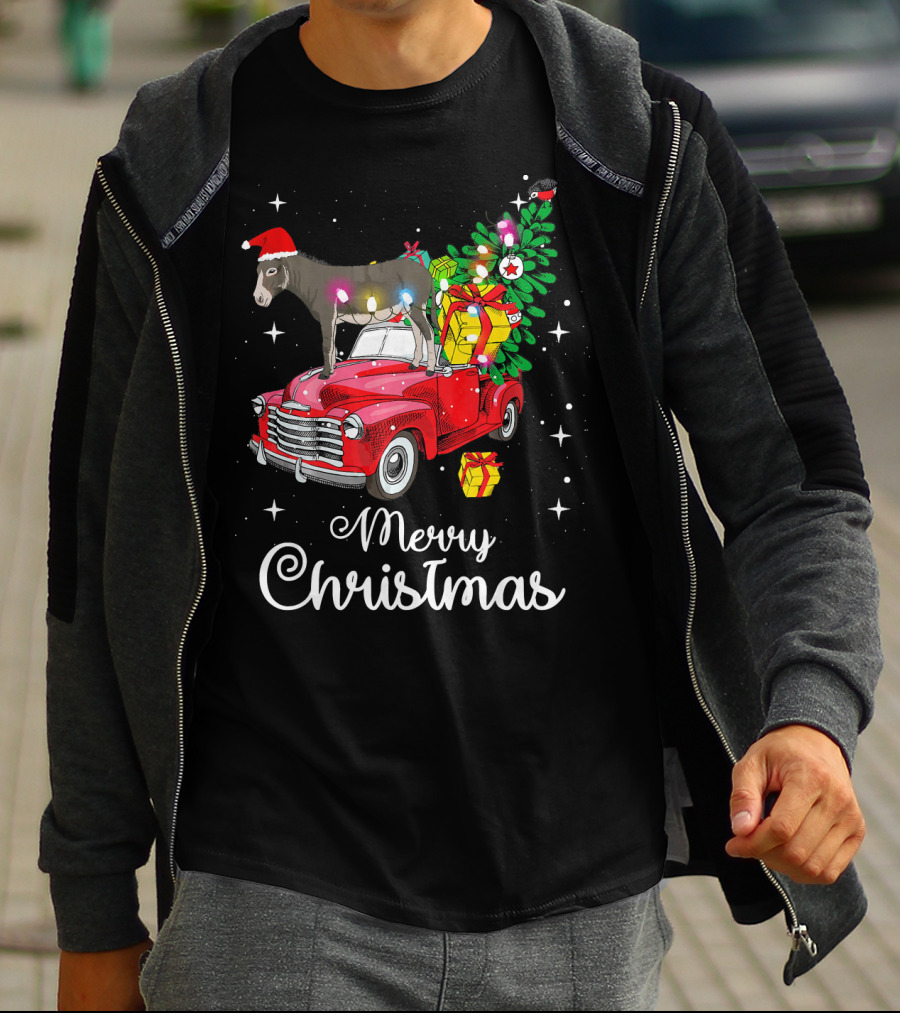 Merry Christmas Donkey Rides Red Truck With Santa Hat And Presents T-Shirt