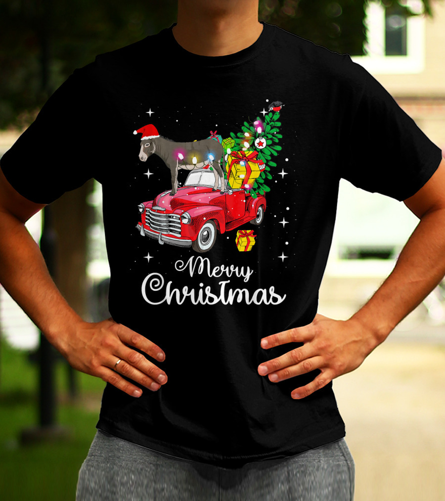 Merry Christmas Donkey Rides Red Truck With Santa Hat And Presents T-Shirt