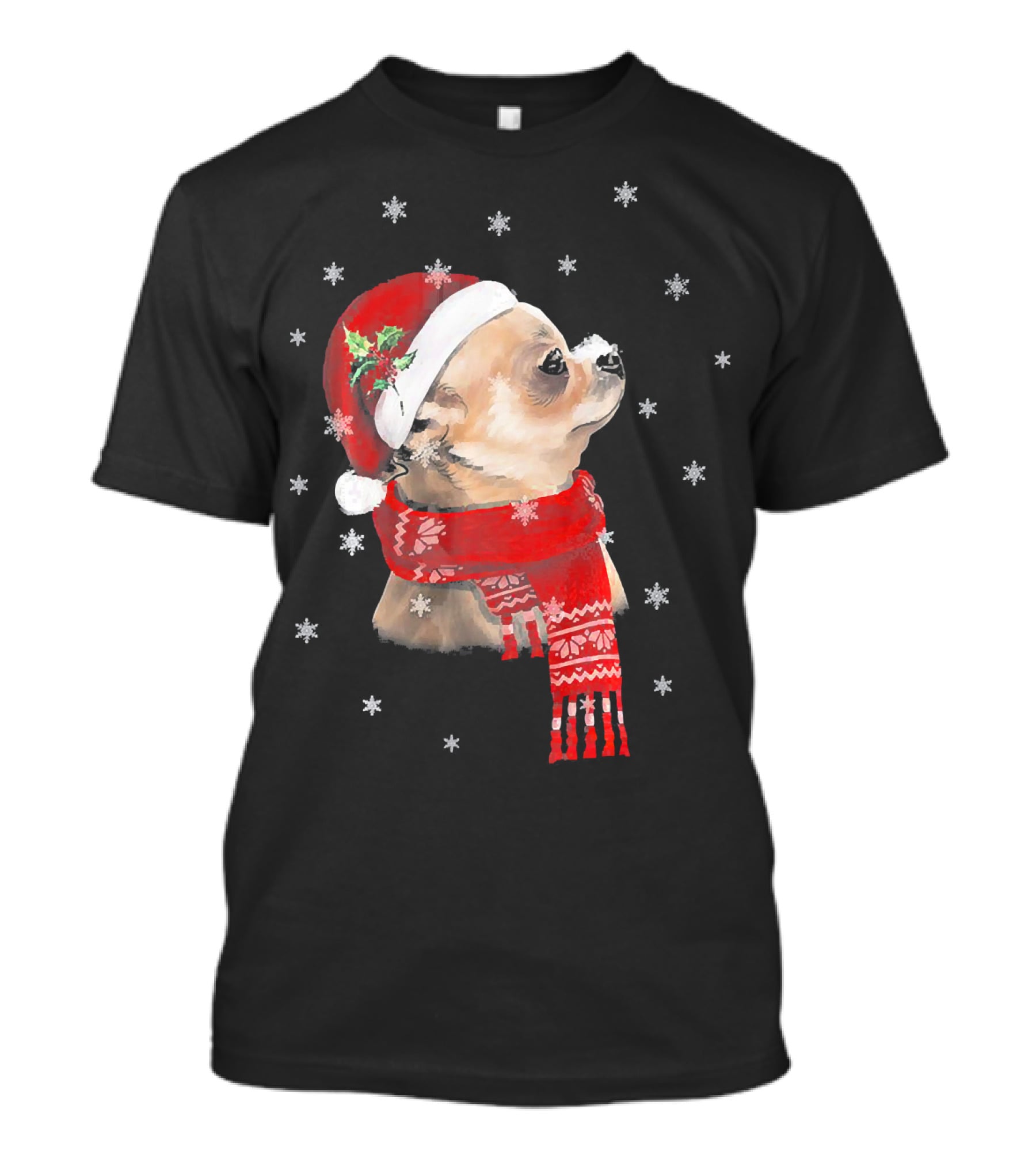 Chihuahua Christmas Cute Chihuahua Lover Festive Santa Hat And Scarf Snowflakes T-Shirt