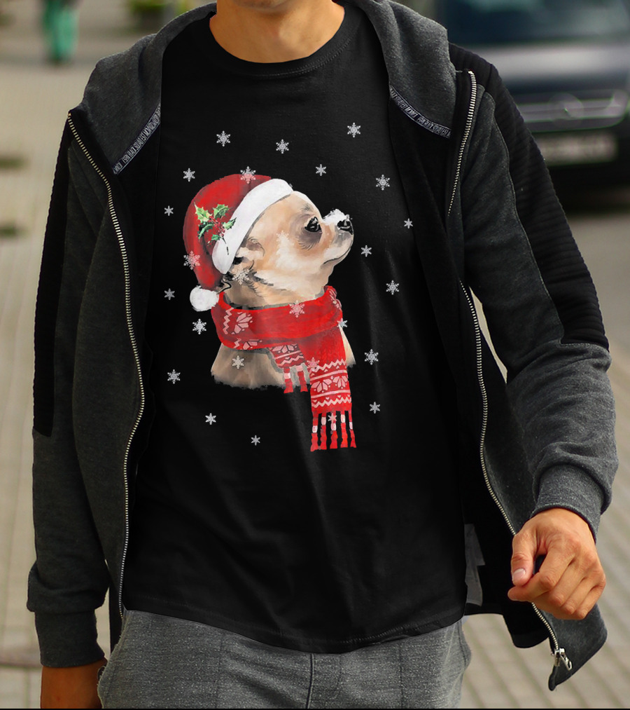 Chihuahua Christmas Cute Chihuahua Lover Festive Santa Hat And Scarf Snowflakes T-Shirt