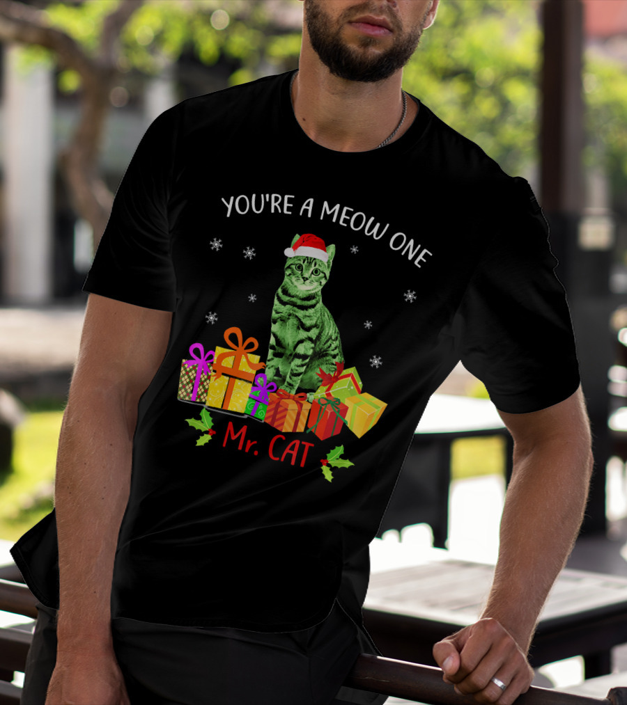 You're A Meow One Mr. Cat Christmas Holiday With Presents And Santa Hat T-Shirt