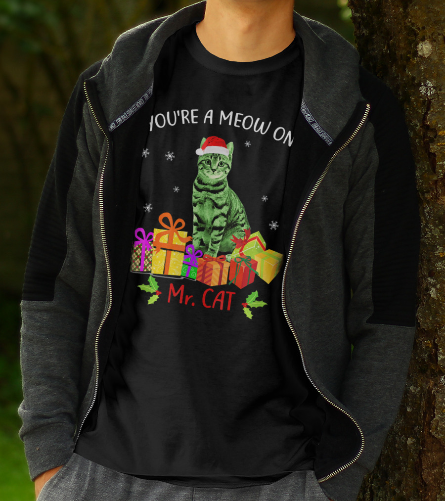 You're A Meow One Mr. Cat Christmas Holiday With Presents And Santa Hat T-Shirt