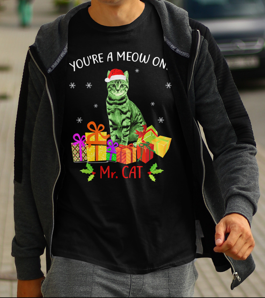 You're A Meow One Mr. Cat Christmas Holiday With Presents And Santa Hat T-Shirt