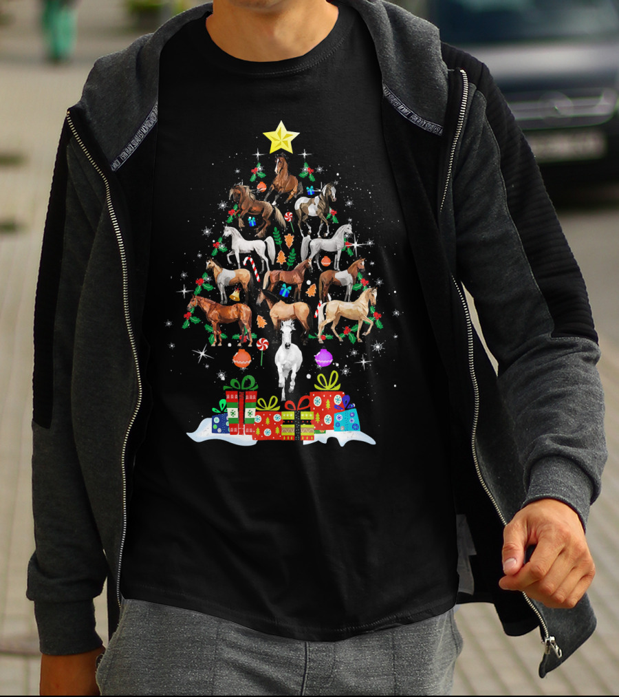 Horse Christmas Tree With Star And Holiday Gifts T-Shirt