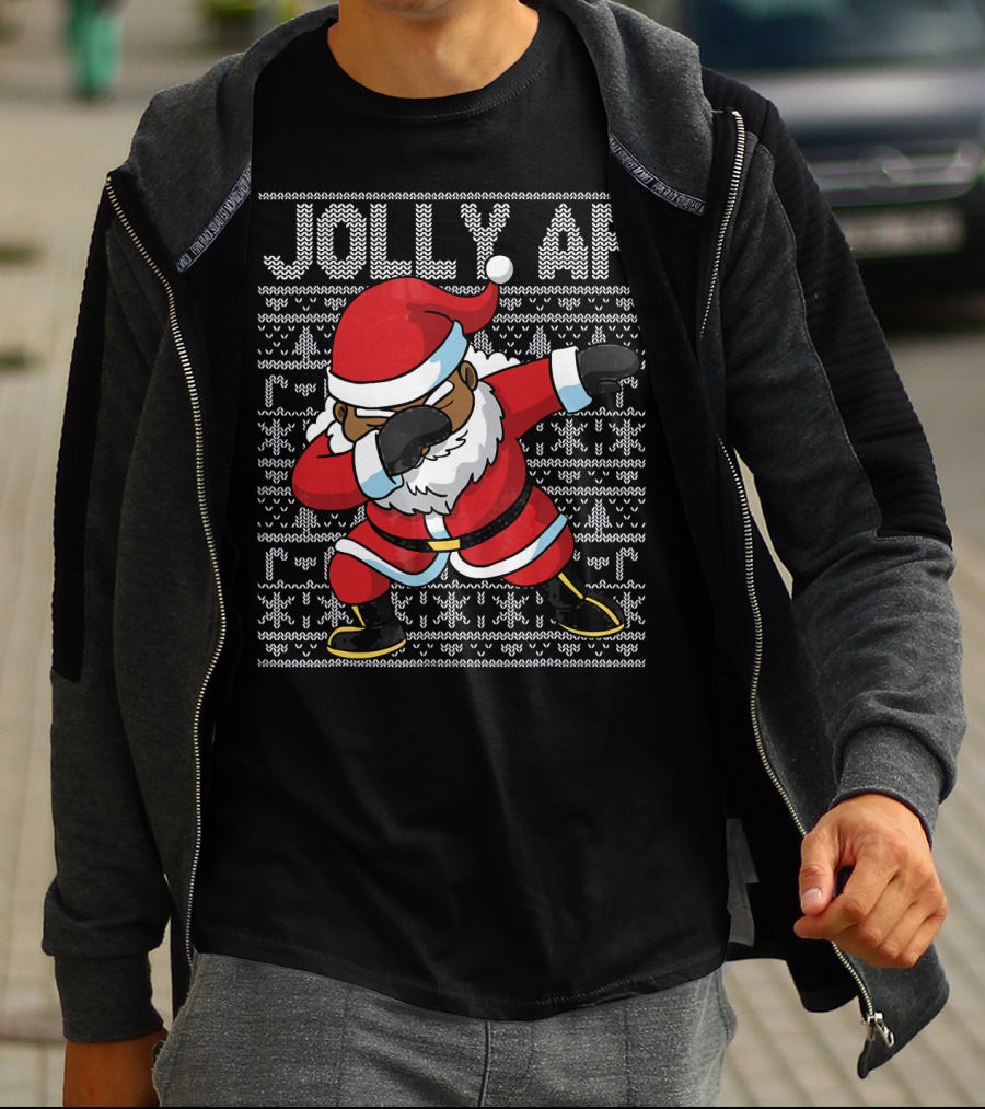 Jolly AF Christmas Dabbing Black Santa T-Shirt