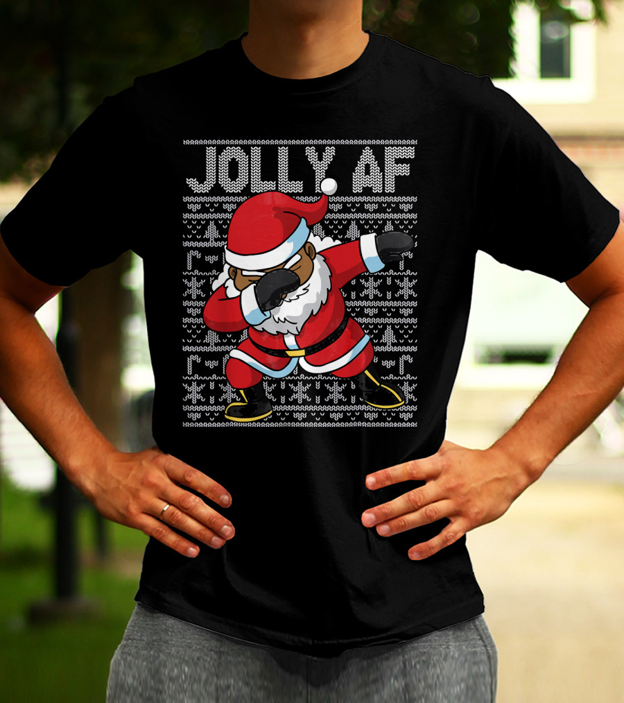 Jolly AF Christmas Dabbing Black Santa T-Shirt