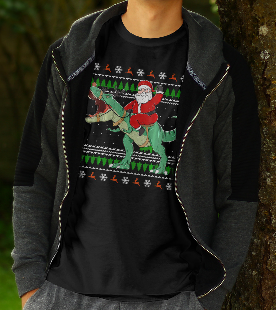 Santa Riding Dino Ugly Christmas Sweater With Snowflakes And Reindeer T-Shirt