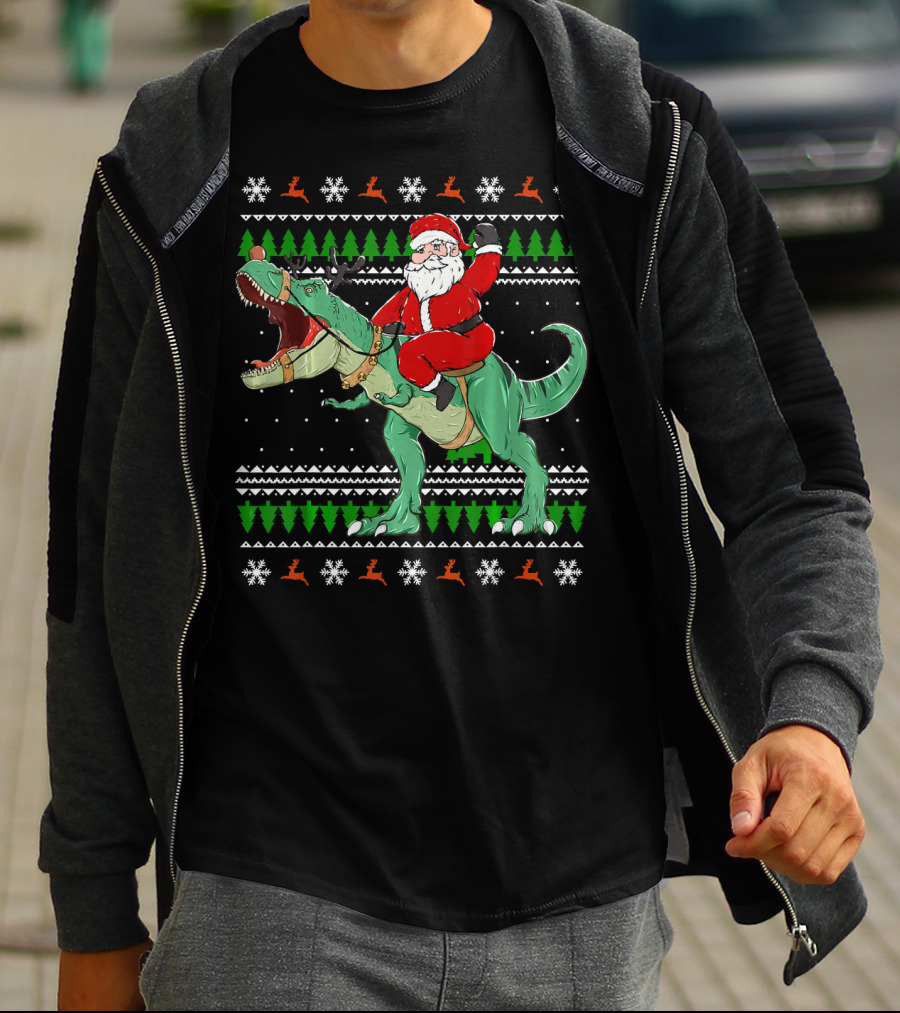 Santa Riding Dino Ugly Christmas Sweater With Snowflakes And Reindeer T-Shirt