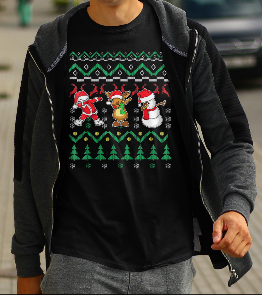 Santa Reindeer Snowman Dabbing Christmas T-Shirt