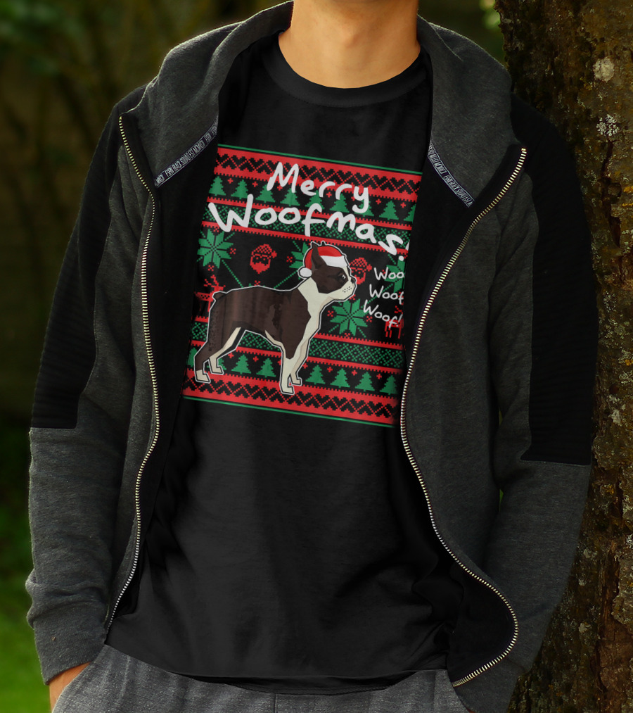 Merry Woofmas Boston Terrier Woof Woof Santa Hat Christmas T-Shirt