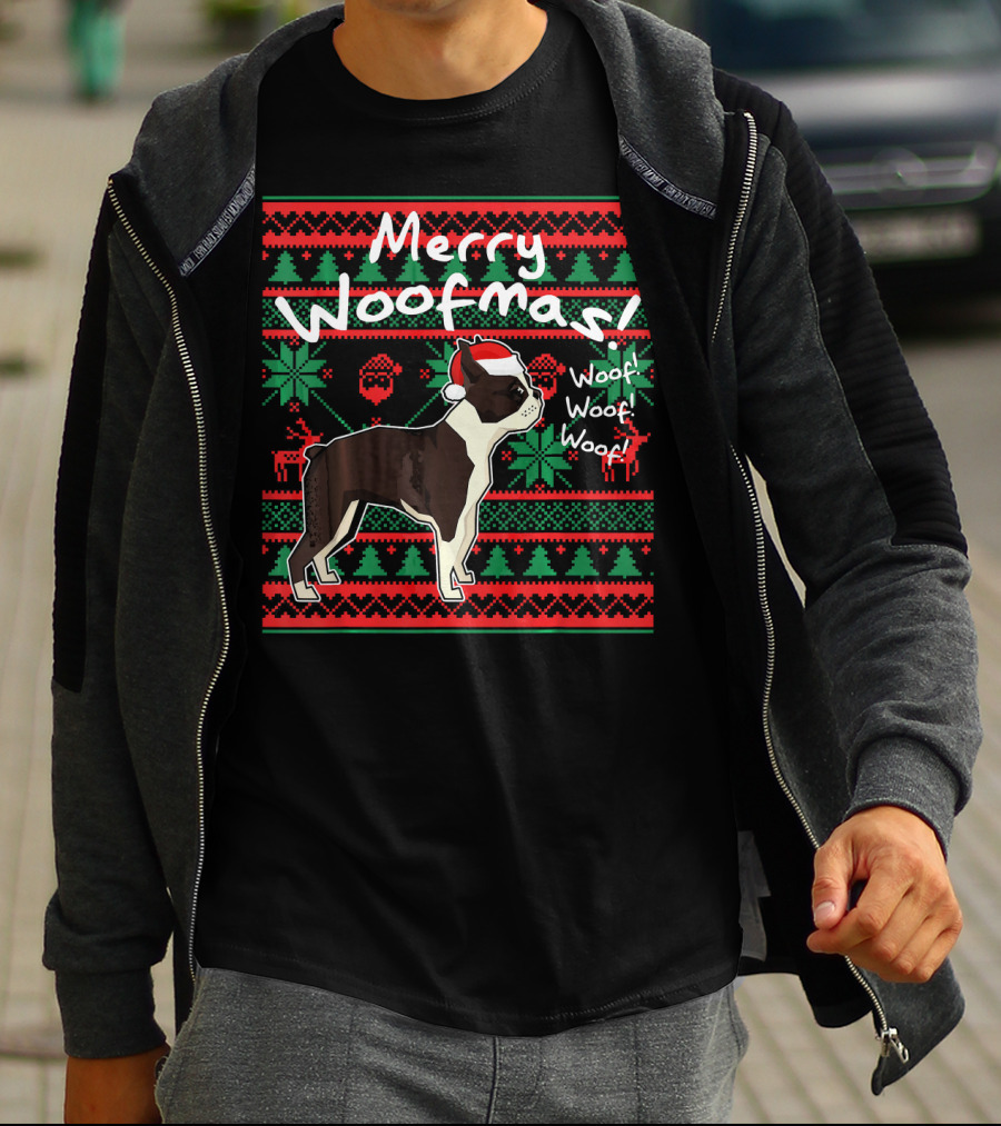 Merry Woofmas Boston Terrier Woof Woof Santa Hat Christmas T-Shirt