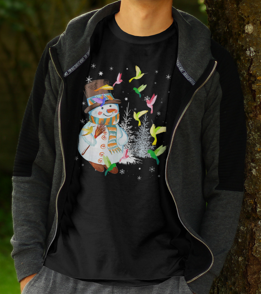 Merry Hummingbird Snowman With Colorful Birds And Snowflakes T-Shirt