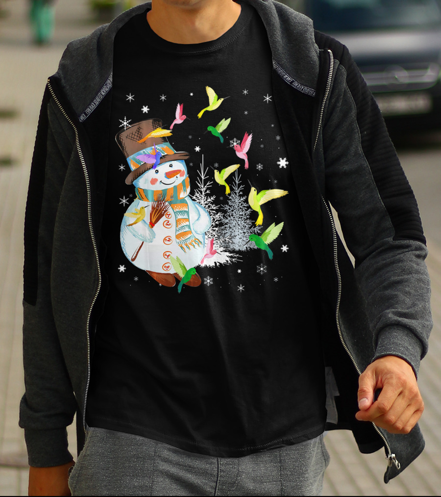Merry Hummingbird Snowman With Colorful Birds And Snowflakes T-Shirt