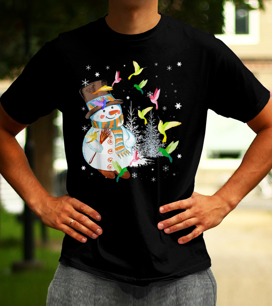 Merry Hummingbird Snowman With Colorful Birds And Snowflakes T-Shirt