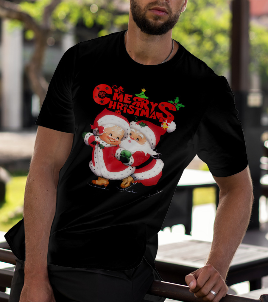 Merry Christmas Cute Mrs Claus And Santa Skating T-Shirt