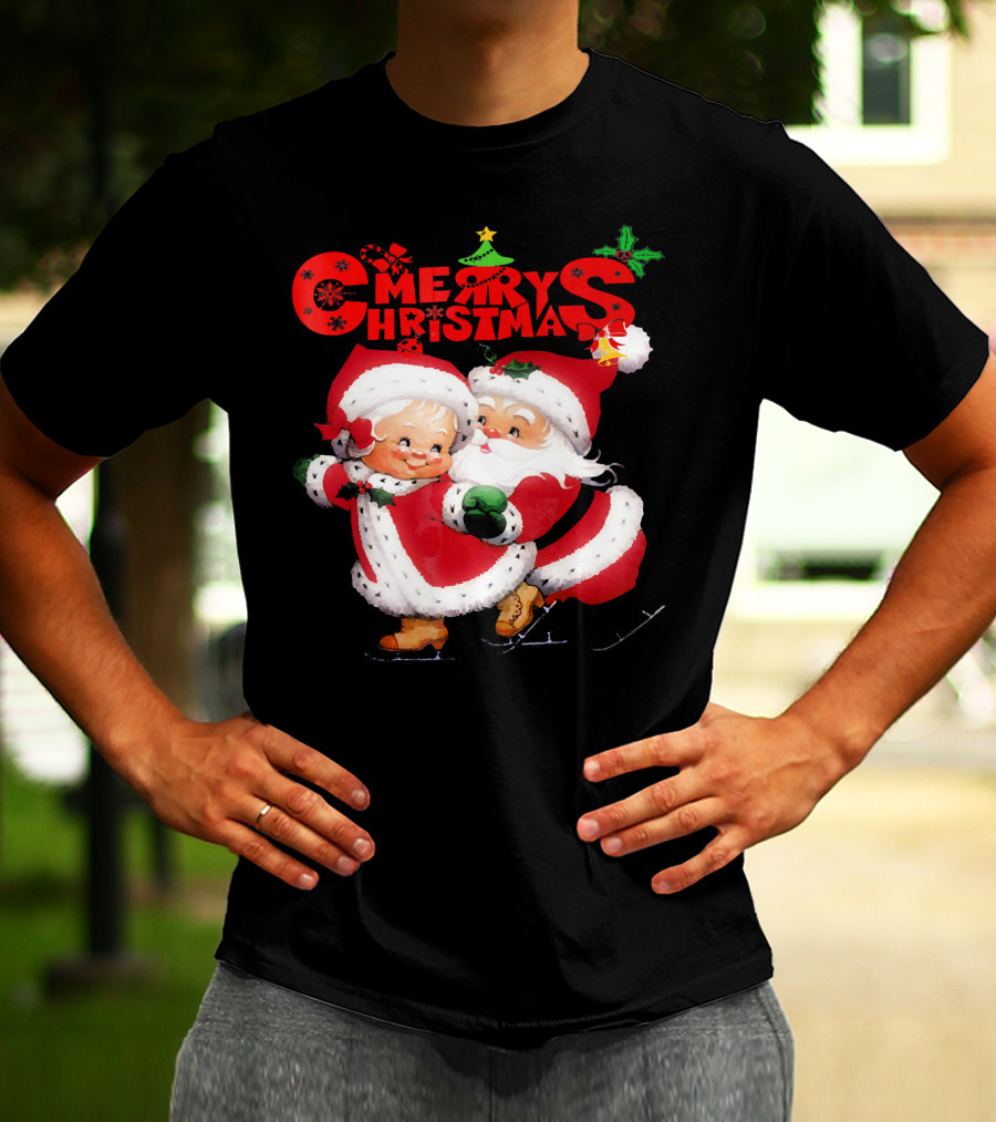 Merry Christmas Cute Mrs Claus And Santa Skating T-Shirt