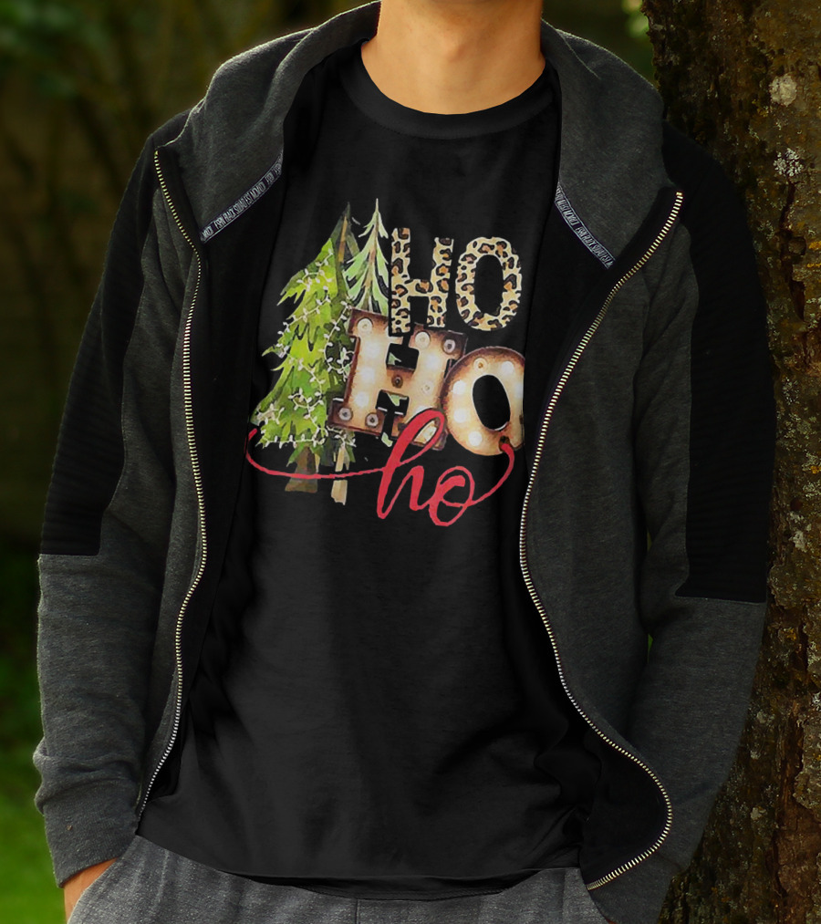 Pine Trees Ho Ho Ho Christmas Lights Leopard Print T-Shirt
