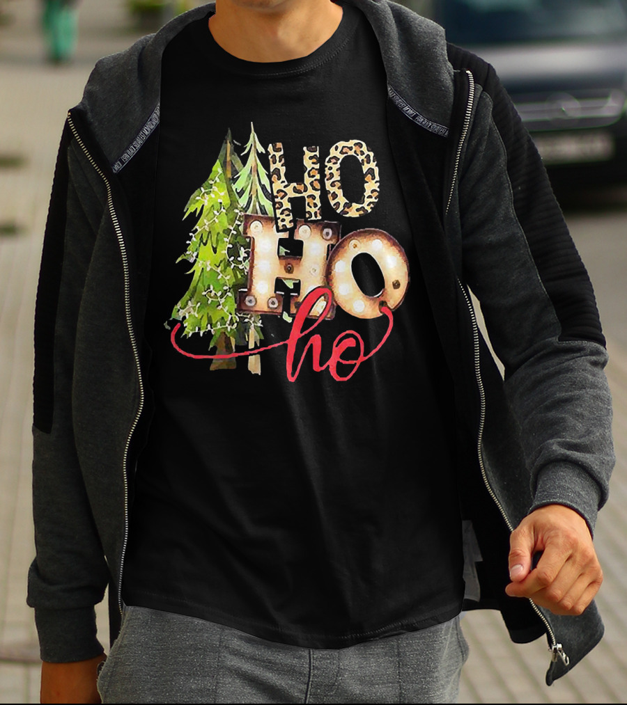 Pine Trees Ho Ho Ho Christmas Lights Leopard Print T-Shirt