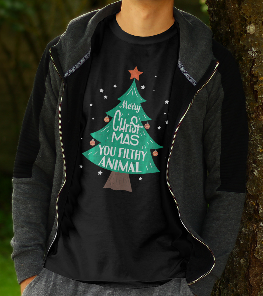 Merry Christmas You Filthy Animal Christmas Tree With Ornaments And Star T-Shirt