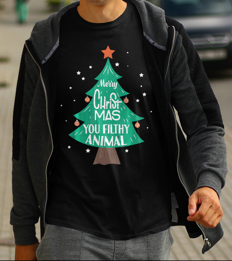 Merry Christmas You Filthy Animal Christmas Tree With Ornaments And Star T-Shirt