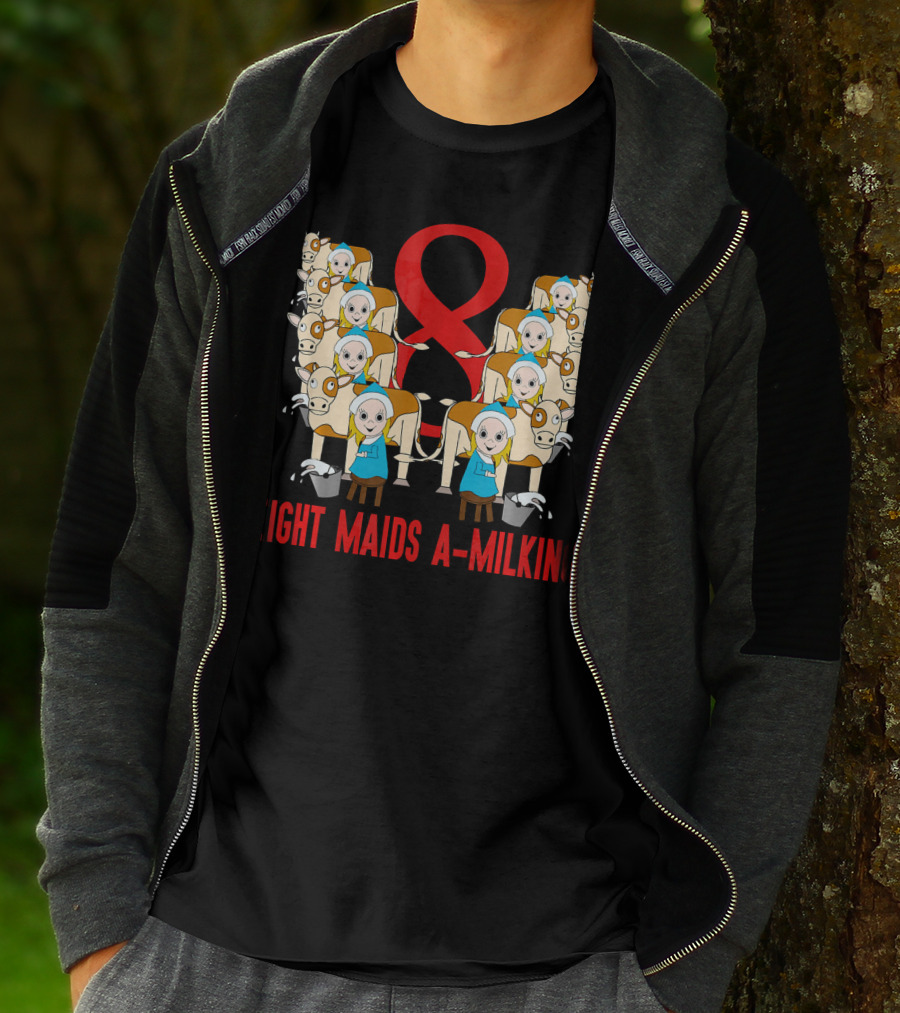Eight Maids A-Milking Cows With Red Ribbon Background T-Shirt