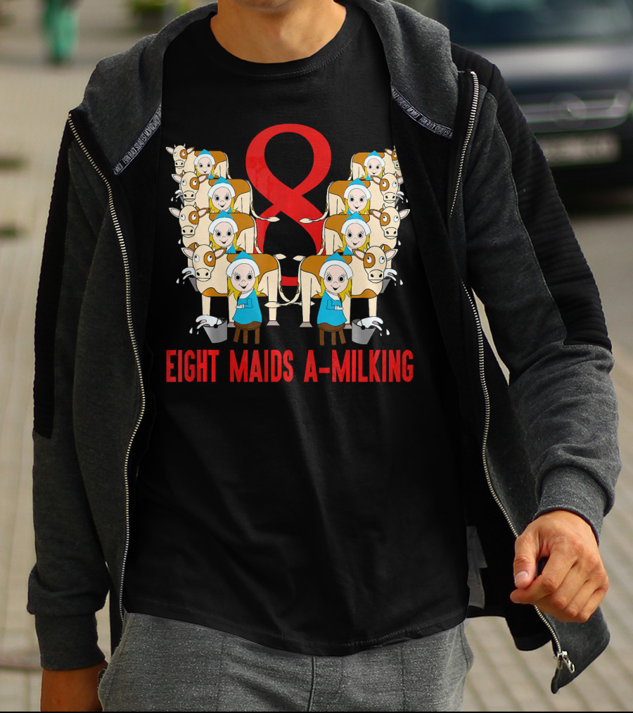 Eight Maids A-Milking Cows With Red Ribbon Background T-Shirt